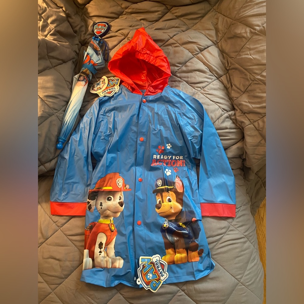 Nickelodeon Paw Patrol 🐾 “Ready for Action” Sz M Kids Blue Raincoat & Umbrella!